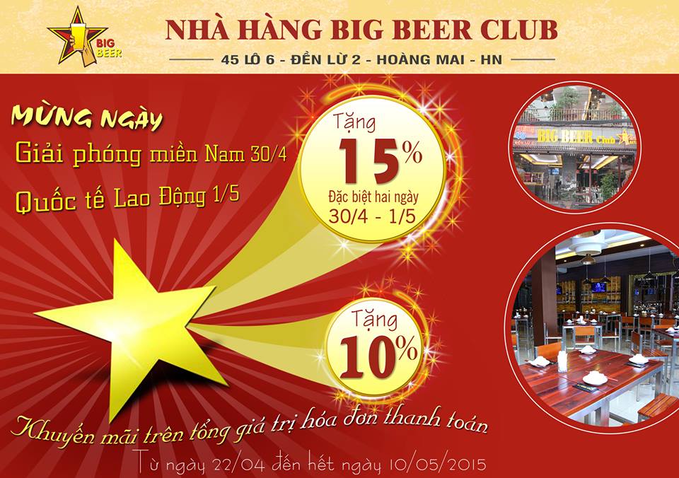 Nhà hàng Big Beer Club tặng 10% hoá đơn thanh toán dịp 30/04 - 01/05 Giới thiệu Thông tin  